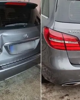 Samochód przygotowany do sprzedaży ustawiony pod lampami w warsztacie